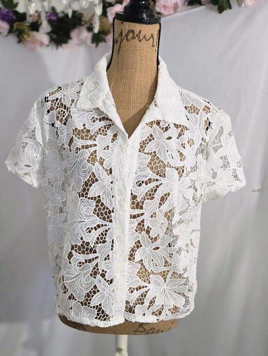 Shade & Shore Tops - Shade & Shore White Lace Button-Down Top